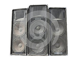 Old powerful stage concerto audio speakers isolated on white