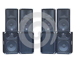 Old powerful stage concerto audio speakers isolated on white