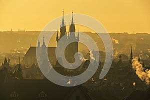 Old Prague city in morning fog. Prague, Czech Republic