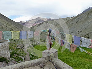 Old prayer flags in the remote mountains of the Valley of Markah in Ladakh, India.