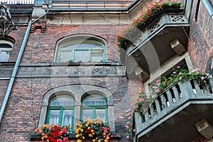 Old prewar building made of red bricks