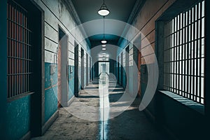 An old prison, long white and blue corridor with bars, Generative AI