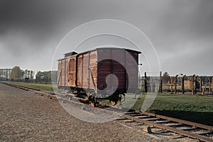 Old Prisoners Transport Wagon at Auschwitz II - Birkenau, former German Nazi Concentration and Extermination Camp - Poland