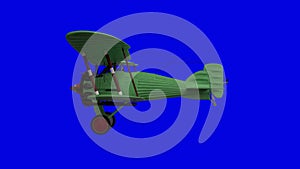 Old propeller biplane airplane. Side view. Blue screen background. 3d rendering