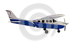 Old propeller plane flight on white background. Side view. 3d rendering