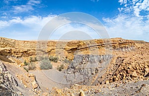 Old quarries in Makhtesh Ramon, erosion crater landscape panorama, Negev desert, Israel