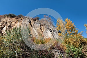 Old quarry. Rocks and yellow trees