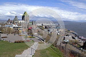 Old Quebec City skyline and Chateau Frontenac in summer, viewed from La Citadelle