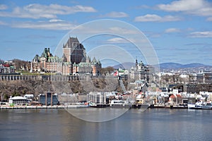 Old Quebec cityscape seen from Levis. Ferry on St-Lawrence river.