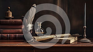 old quill pen with inkwell and papers on wooden desk against vintage bookcase banner copy space