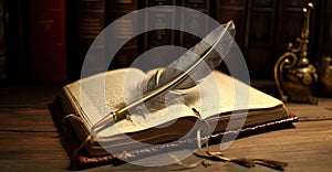 Old quill pen with inkwell and papers on wooden desk against vintage bookcase. retro style. banner copy space. Created