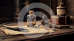 Old quill pen, and old paper blank sheet and vintage inkwell on wooden desk