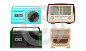 Old Radio and Cassette Player Collection, Vintage Obsolete Digital Handheld Devices Vector Illustration
