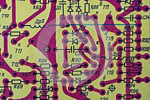 Old radio circuit printed on vintage paper electricity diagram as background for education, electricity industries and repair.