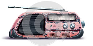 Old radio receiver isolated over white background, retro tape recorder. Fun pink vintage antique device for summer musical party