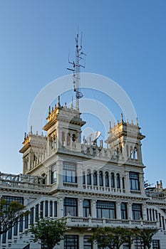 Old radio station building with crenellated towers