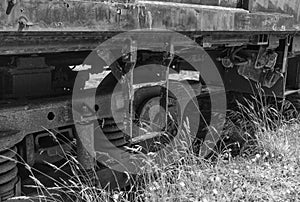 Old railroad car suspension, black and white