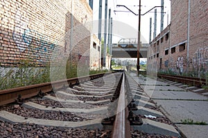 Old rails from a train or tram in the city