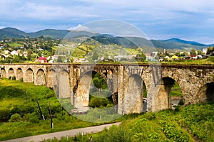 Old railway bridge, old viaduct Vorohta, Ukraine. Carpathian Mountains, wild mountain landscape Ukraine, Vorohta