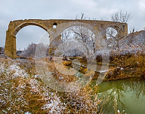 An old railway bridge in the steppe.