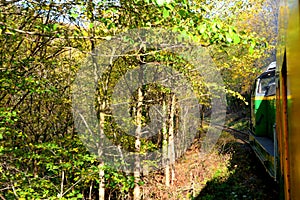 Old Railway Oravita-Anina in Banat. Wonderful typical landscape in the forests of Transylvania, Romania. Autumn view.