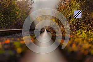 Old railway track in a forest between fall foliage with a mist