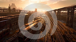 Old Railyard with rusty abandoned train carriages and cargo vagons, AI generative photo