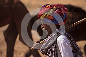 Old Rajasthani man with red turban.Festival-Pushkar