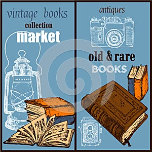 Old rare books and antiques vintage market sketch banner set, vector illustration. Vintage books, antique, ancient
