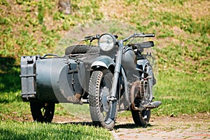 Old Rarity Tricar, Three-Wheeled Gray Motorcycle With A Sidecar