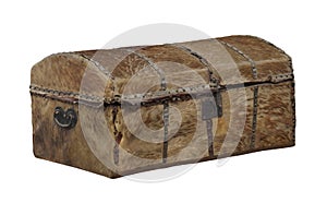 Old rawhide covered trunk isolated.