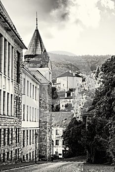 Old real school in mining town Banska Stiavnica, colorless