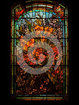 Old Realistic Stained Glass Window with the image of a orange flowers