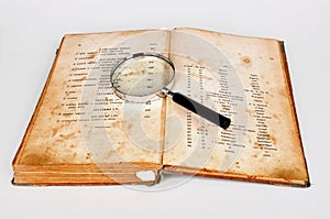 Old recipes book with magnifier