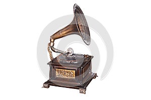 Old record player over white background
