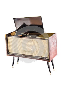 Old record player on white photo