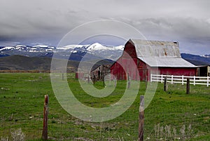 Old Red Barn and Mountains