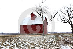 Old Red Barn and Trees in Winter in Illinois