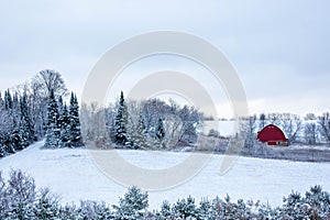 Old red barn in a  Wisconsin, snow covered forest