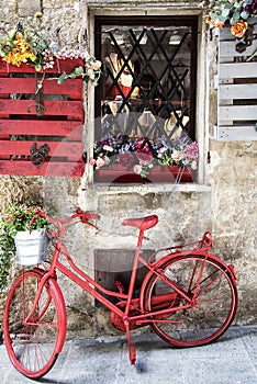 Old red bicycle in the street