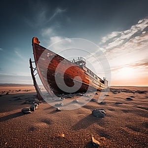 an old red boat sits on the sand in the middle of the desert