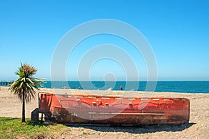 Old red boat and small palm tree on sandy beach with blue sky and sea background