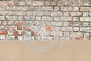 Old red brick fortress wall with gray cement mortar textute