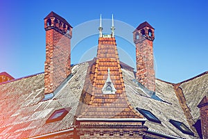 Old red brick house in the English Gothic revival style