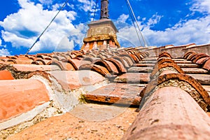 Old red brick roof tiles from north on roofs of Italian houses and churches, Florence, Tuscany, Italy