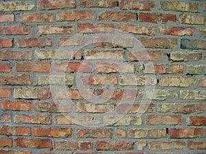 Old red brick wall background texture close up