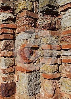 Old red brick wall close up