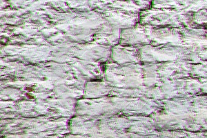 Old red brick wall covered with a white plaster and a large cracked. Texture background. Digital signal glitch effect rgb shift,