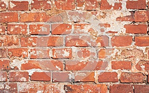 Old red brick wall grunge texture. Old cracked bricks wall with a weathered surface