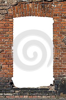 old red brick wall with hole isolated on white background in the middle